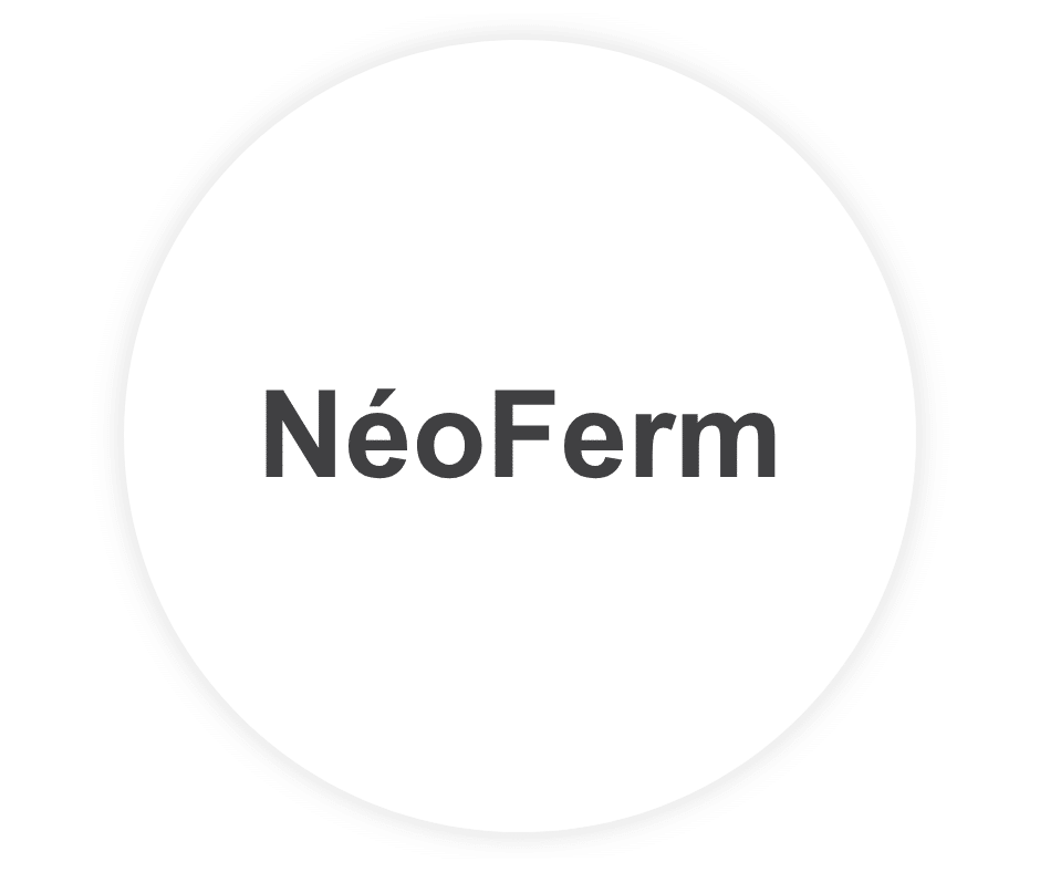 image d'un cercle blanc ombré avec écrit au centre une des gammes que propose API : "NéoFerm"